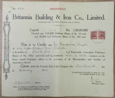 BRITISH INDIA 1956 BRITANNIA BUILDING & IRON CO., LIMITED.....PREFERENCE SHARE CERTIFICATE - Industrie