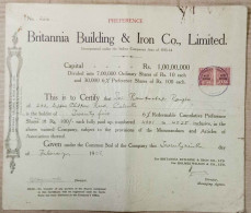 BRITISH INDIA 1956 BRITANNIA BUILDING & IRON CO., LIMITED.....PREFERENCE SHARE CERTIFICATE - Industrie