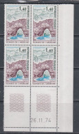 France  N° 1687 XX Gorges De L'Ardèche En Bloc De 4 Coin Daté Du 26 . 11 . 74 ; 1 Trait Sans Charnière, TB - 1970-1979