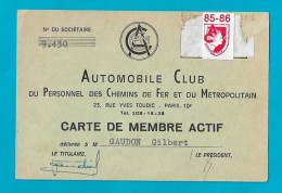 Carte De Membre Automobile Club Du Personnel Des Chemins De Fer Et Du Métropolitain - Ferrovie