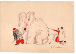 DESSIN SUR PAPIER DE J. ZAUCHET - DAME TIRANT LA QUEUE D'UN ELEPHANT DEVANT LE CORNAC AHURI - Dibujos