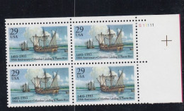 Sc#2805, Columbus' Landing In Puerto Rico 500th Anniversary 1993 Issue 29-cent Stamp Plate # Block Of 4 - Numero Di Lastre