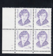 Sc#2943, Alice Paul Great American Series 1995 Issue 78-cent Stamp Plate # Block Of 4 - Plate Blocks & Sheetlets