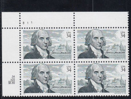 Sc#3545, James Madison US President Issue 34-cent Stamp Plate # Block Of 4 - Plattennummern