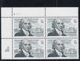 Sc#3545, James Madison US President Issue 34-cent Stamp Plate # Block Of 4 - Numéros De Planches