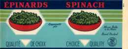 ÉTIQUETTES - ÉPINARDS - SPINACH - 20 OZS CANADA - DIMENSION 11 X 27 Cm - - Fruits Et Légumes