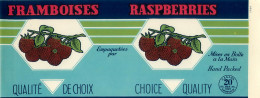 ÉTIQUETTES - FRAMBOISES - RASBERRIES - 20 OZS CANADA - DIMENSION 11 X 27 Cm - - Fruits & Vegetables