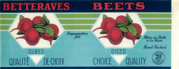 ÉTIQUETTES - BETTERAVES - BEETS - HAND PACKED - 20 OZS CANADA - DIMENSION 11 X 27 Cm - - Fruit En Groenten