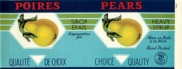 ÉTIQUETTES - POIRES - PEARS - SIROP ÉPAIS - 20 OZS CANADA - DIMENSION 11 X 28 Cm - - Fruits Et Légumes