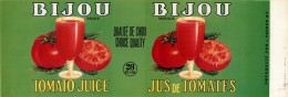 ÉTIQUETTES - BIJOU BRAND, TOMATO JUICE - MARQUE BIJOU, JUS DE TOMATES  - 28 OZS CANADA - DIMENSION 11 X 33 Cm - - Obst Und Gemüse