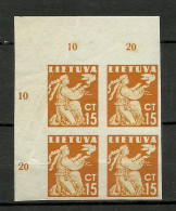 LITAUEN Lithuania 1940 Michel 439 U As 4-block MNH Sheet Corner With Nice Margins & Margin Numbers - Lituanie