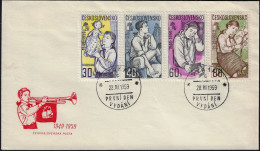 Tchécoslovaquie 1959 Sur FDC. Organisation Des Jeunes Pionniers. Pionnière Et Marionnette, En  Voyage, Radio, Arbuste - Marionnettes