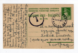 1946. YUGOSLAVIA,MACEDONIA,BITOLA POSTMARK,T,POSTAGE DUE,5 DIN TITO STATIONERY CARD USED TO BELGRADE - Postwaardestukken