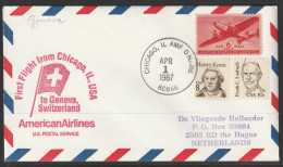 1987, American Airlines, First Flight Cover, Chicago AMF - Geneva - 3c. 1961-... Storia Postale