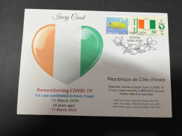 11-3-2024 (2 Y 43) COVID-19 4th Anniversary - Ivory Coast - 10 March 2024 (with Ivory Coast Football Flag Stamp) - Médecine