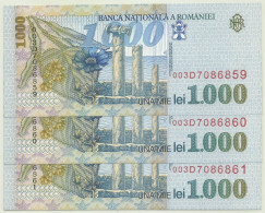 ROMANIA - 3 X 1.000 Lei ( Consecutive ) - 1998 - Pick 106 - Unc. - Série 003D - Wmk: Large, Sloping BNR - 1000 - Rumänien