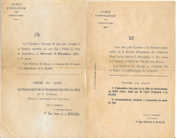 Invitations Aux Membres De La Société D'Emulation Des Côtes Du Nord - Réunion Mensuelle Avec Ordre Du Jour - Tarjetas De Membresía