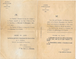 Invitations Aux Membres De La Société D'Emulation Des Côtes Du Nord - Réunion Mensuelle Avec Ordre Du Jour - Mitgliedskarten
