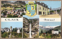 CPSM 38 - CLAIX - TB CP Multivue Dont Vue Générale , Centre Avec Hotel , Cascade , Chateau + Blason - Claix