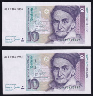 BRD: 2x 10 Deutsche Mark 1.10.1993 - Serie GL/S Mit Laufender KN - 10 DM