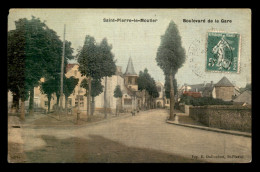 58 - ST-PIERRE-LE-MOUTIER - BOULEVARD DE LA GARE - CARTE ANCIENNE TOILEE ET COLORISEE - Saint Pierre Le Moutier