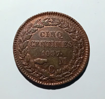 MONACO - CINQ CENTIMES 1837 C  - Bronze TTB - 1819-1922 Honoré V, Charles III, Albert I