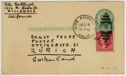 Vereinigte Staaten / USA 1933, Ganzsachen-Karte / Post Card / Stationery Los Angeles - Zürich (Schweiz), Hollywood - 1921-40