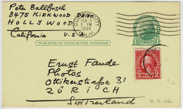Vereinigte Staaten / USA 1936, Ganzsachen-Karte / Post Card / Stationery Culver City - Zürich (Schweiz), Hollywood - 1921-40