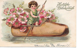 Angel, Ange, Engel, Girl, Wooden Clog As Boat, Sabot En Bois Comme Bateau / Embossed, Gaufrée - Geburtstag