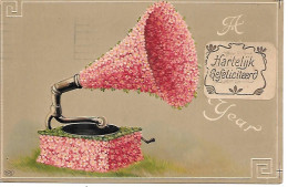 Gramophone, Record Player, Flowers,  Gramophone, Tourne-disque, Fleurs, Grammophon / Embossed, Gaufrée - Geburtstag