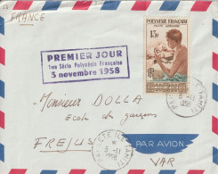 POLYNESIE - 1958 - ENVELOPPE FDC POSTE AERIENNE N°1 ! Par AVION De PAPEETE => FREJUS - Brieven En Documenten