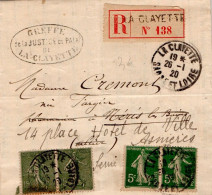 SEMEUSE AFFRANCHISSEMENT COMPOSE SUR LETTRE RECOMMANDEE DE LA CLAYETTE SAONE ET LOIRE 1920 - Tarifs Postaux