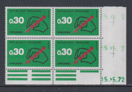 France N° 1719 XX Code Postal : 30 C. Vert Et Rouge En Bloc De 4 Coin Daté Du 15 . 5 . 72 ; Sans Charnière, TB - 1970-1979