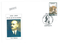 COV 90 - 3078 I.G. DUCA, Liberal Policician, Romania - Cover - Used - 2003 - Maximumkarten (MC)