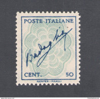 1944 Luogotenenza - Firma Di Badoglio In Cornice - 50 Cent Azzurro E Celeste N° - Autres & Non Classés