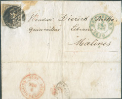 N°3 - Médaillon 10 Centimes Brun, Bien Margé, Obl. P.24 Sur Lettre De BRUXELLES 5 DEC. 1850 Vers Malines (verso : Dc STA - 1849-1850 Medaillons (3/5)