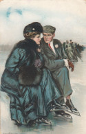 Ice Skating Couple Old Postcard Signed Clarence F.Underwood - Patinaje Artístico