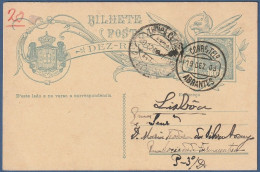 Bilhete Postal Dez Réis - Abrantes > Lisboa -|- D.Carlos, 1908 - Storia Postale