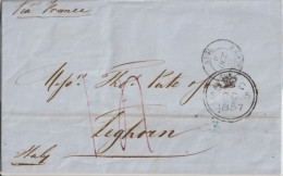 1857 - LETTRE De LONDRES (GB) => LIVORNO (ITALIE) ! TRANSIT FRANCE ENTREE CALAIS AMBULANT "A" - Marques D'entrées