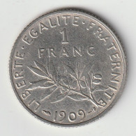 Semeuse 1 Franc Argent 1909 - Silver - - 1 Franc