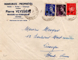 AFFRANCHISSEMENT COMPOSE SUR LETTRE A EN TETE DE BEAULIEUNSUR DORDOGNE CORREZE 1942 - Tarifs Postaux