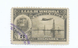 VENEZUELA 1938 OIL WELLS AIRPLANE COAT 3 B GRAY USED SCOTT C109 MI 280 - Venezuela