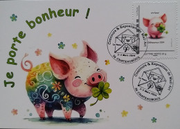 CP CPM COCHON Je Porte Bonheur Timbre à Moi Art Postal CHATEAUROUX 2024 Concours Exposition Mail Art Pig Schwein AK PC - Pigs