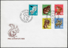 Suisse 1966 Y&T 778 à 782 Sur FDC. Pour La Jeunesse. Bestioles. Hermine, écureuil, Renard, Lièvres, Chamois - Knaagdieren