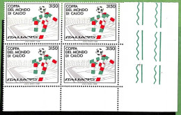 A1199 - ITALY - STAMPS - FOOTBALL  1990 Block Of 4 DOUBLE PRINT ERROR - Raybaudi - Nuevos