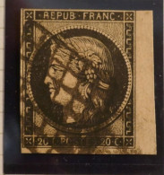 DK4 FRANCE  N°3 BORD DE FEUILLE +CERES 20C  +OBLITERATION GRILLE +++DISPERSION DE COLLECTION+++ - 1849-1850 Cérès