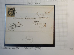 DK4 FRANCE BELLE LETTRE  28. 2. 1849 NIORT   A LA ROCHELLE +N°3b CHAMOIS + OB. GRILLE +VU BEHR.DISPERSION DE COLLECTION+ - 1849-1850 Cérès