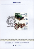 Commemorative Sheet Czech Republic PLZ 86 Zapadlik, Motorbike, Draisine 2018 - Motorbikes