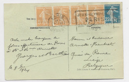 FRANCE SEMEUSE 5C JAUNE X4 +25C CARTE MEC FLIER JEUX OLYMPIQUES PARIS 1924 DEPART POUR BELGIQUE - Summer 1924: Paris