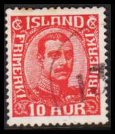  1920. ISLAND. King Christian X. Thin, Broken Lines In Ovl Frame. 10 Aur Red. Part Of Nummeral... (Michel 89) - JF543245 - Gebraucht